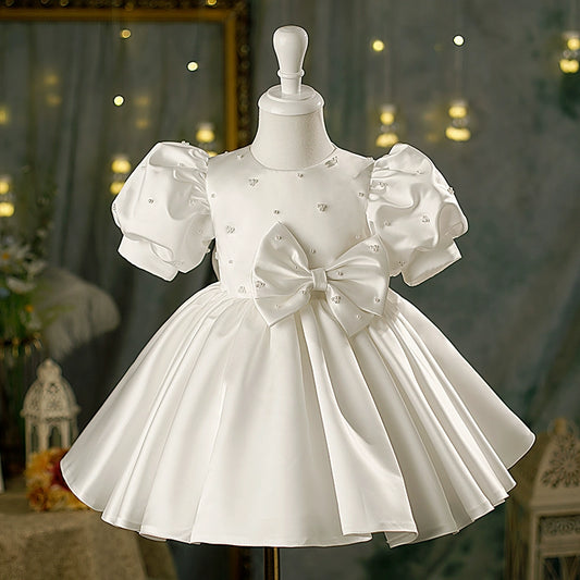 Princess White Satin Back Zip Baptism Bow(s) Tea Length Short Sleeve Puff Sleeve Round Flower Girl Dress