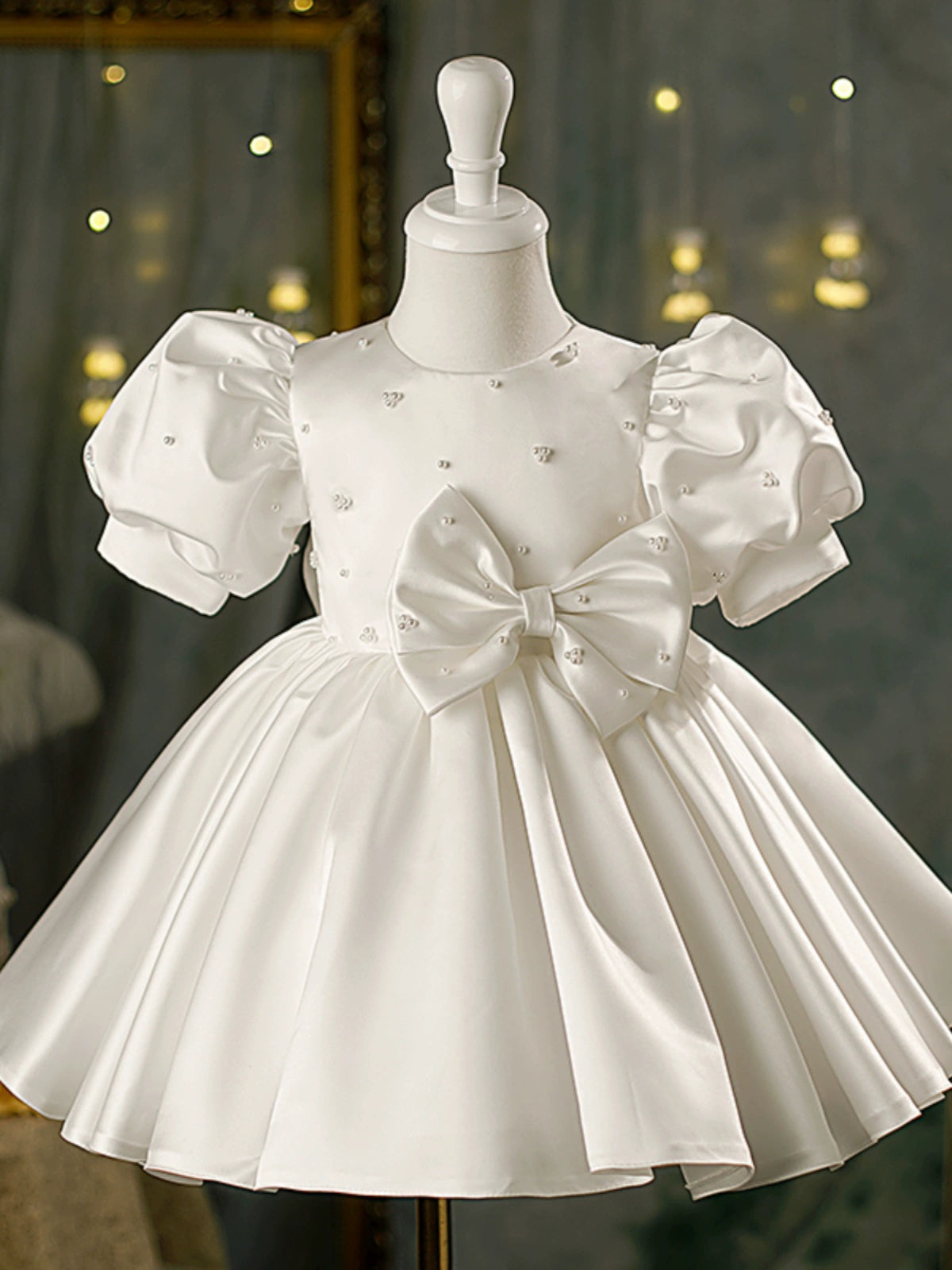 Princess White Satin Back Zip Baptism Bow(s) Tea Length Short Sleeve Puff Sleeve Round Flower Girl Dress