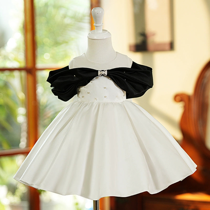 Princess White Satin Back Zip Baptism Bow(s) Tea Length Sleeveless Cold Shoulder Sleeve Round Flower Girl Dress