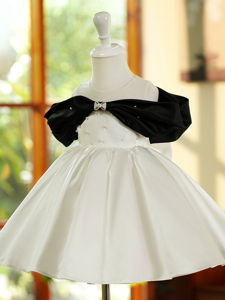 Princess White Satin Back Zip Baptism Bow(s) Tea Length Sleeveless Cold Shoulder Sleeve Round Flower Girl Dress