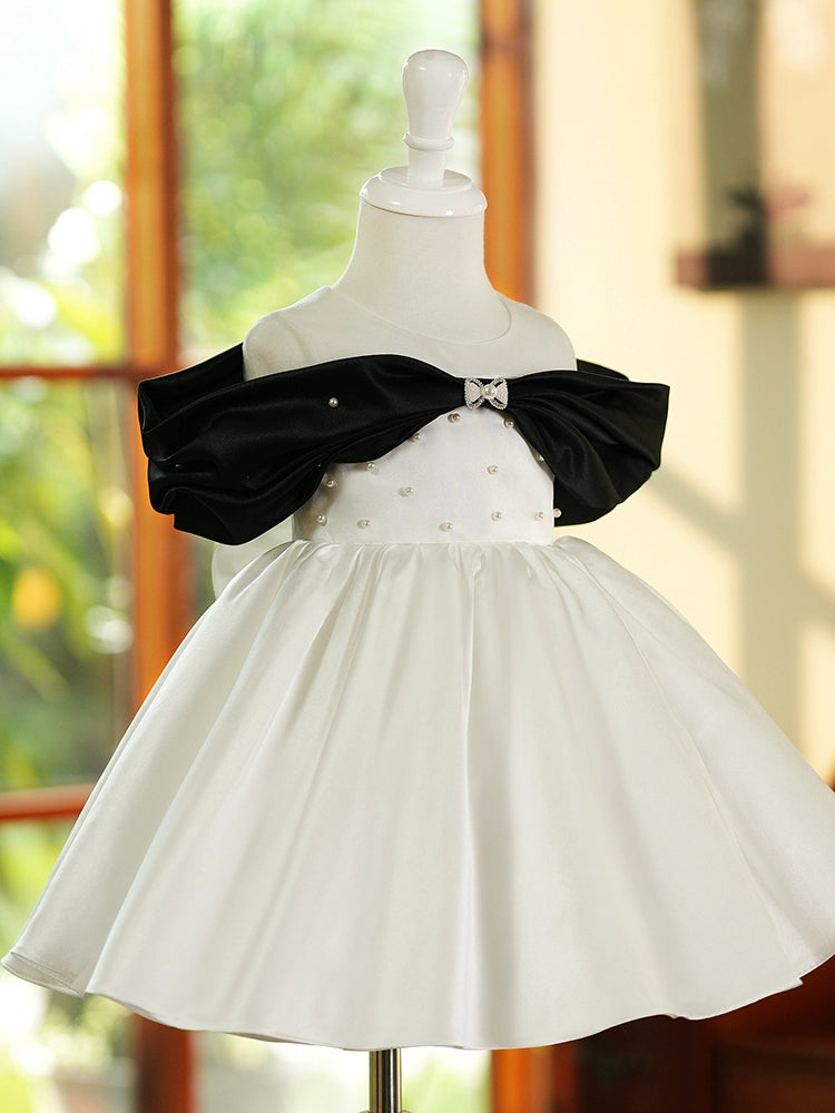 Princess White Satin Back Zip Baptism Bow(s) Tea Length Sleeveless Cold Shoulder Sleeve Round Flower Girl Dress