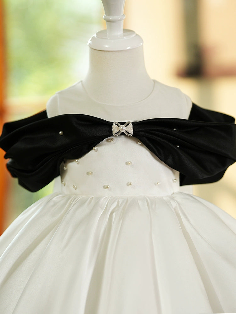 Princess White Satin Back Zip Baptism Bow(s) Tea Length Sleeveless Cold Shoulder Sleeve Round Flower Girl Dress