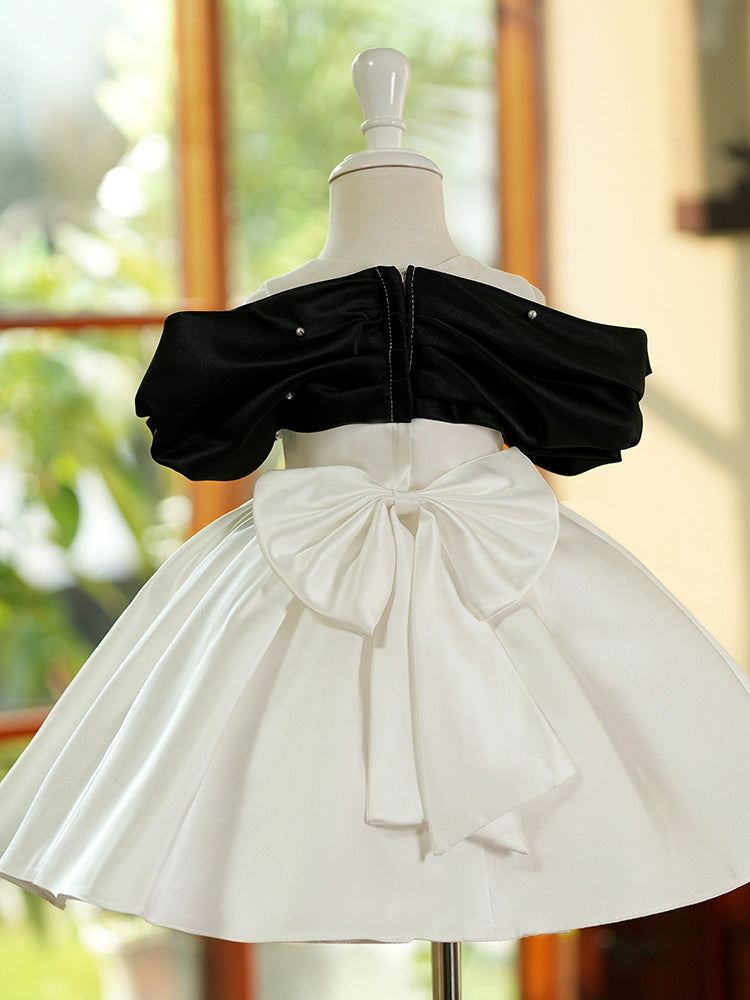 Princess White Satin Back Zip Baptism Bow(s) Tea Length Sleeveless Cold Shoulder Sleeve Round Flower Girl Dress