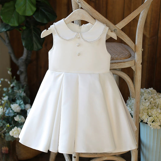 Princess White Satin Back Zip Baptism Bow(s) Tea Length Sleeveless Collared Neck Flower Girl Dress