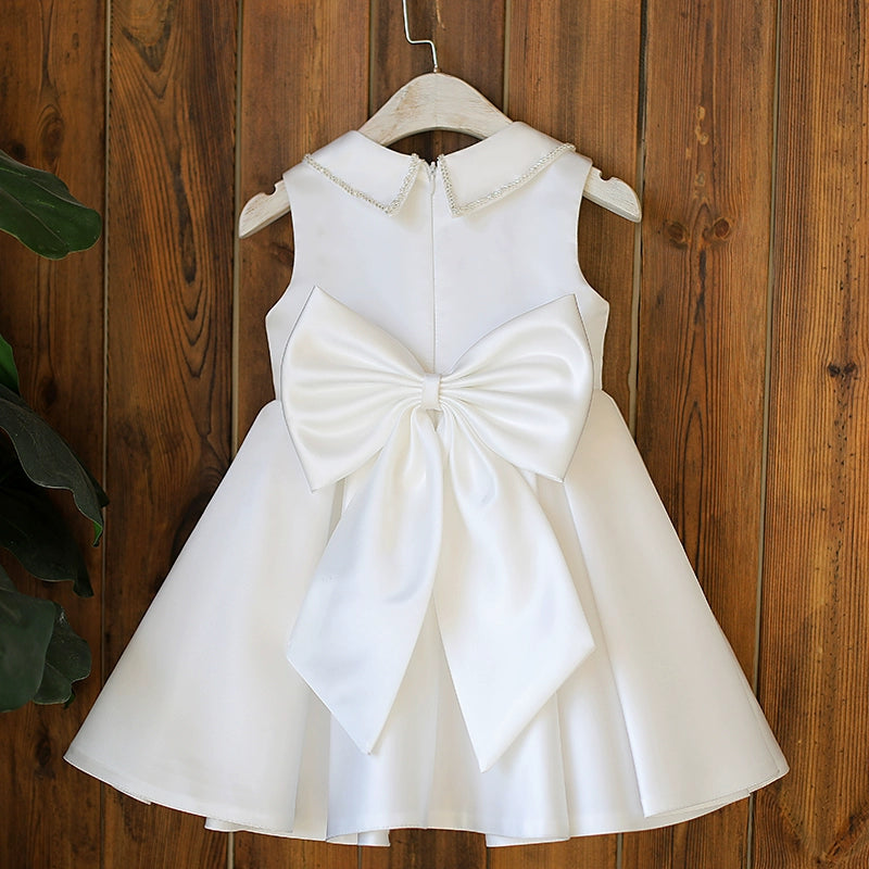 Princess White Satin Back Zip Baptism Bow(s) Tea Length Sleeveless Collared Neck Flower Girl Dress