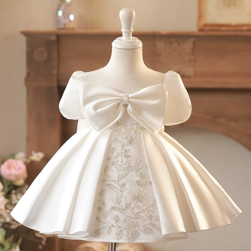 Princess White Satin Back Zip Baptism Flower(s) Tea Length Short Sleeve Puff Sleeve Round Flower Girl Dress