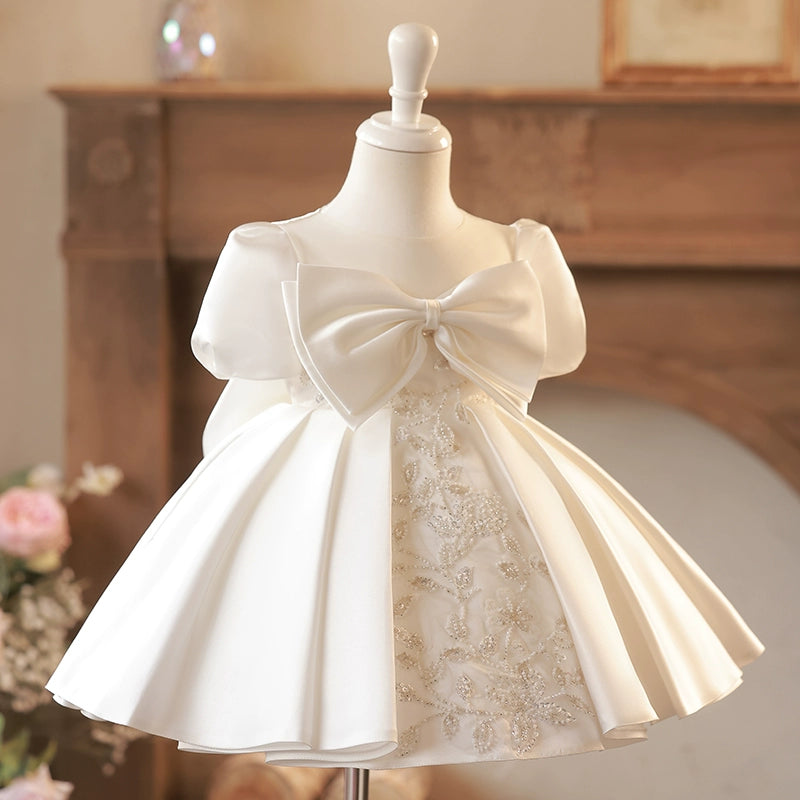 Princess White Satin Back Zip Baptism Flower(s) Tea Length Short Sleeve Puff Sleeve Round Flower Girl Dress