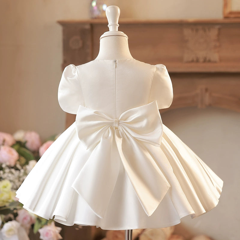 Princess White Satin Back Zip Baptism Flower(s) Tea Length Short Sleeve Puff Sleeve Round Flower Girl Dress