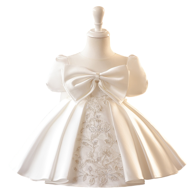 Princess White Satin Back Zip Baptism Flower(s) Tea Length Short Sleeve Puff Sleeve Round Flower Girl Dress