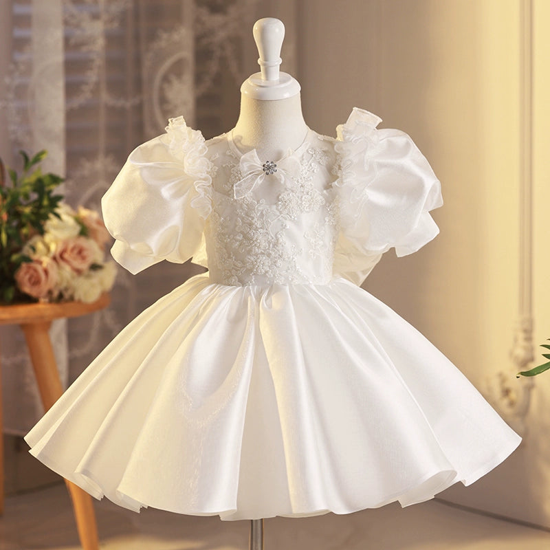 Princess White Satin Back Zip Baptism Lace Tea Length Short Sleeve Puff Sleeve Round Flower Girl Dress