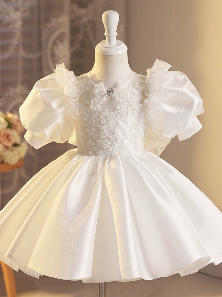 Princess White Satin Back Zip Baptism Lace Tea Length Short Sleeve Puff Sleeve Round Flower Girl Dress