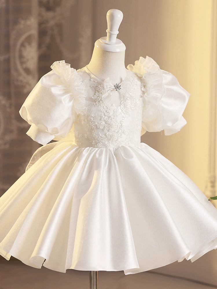 Princess White Satin Back Zip Baptism Lace Tea Length Short Sleeve Puff Sleeve Round Flower Girl Dress