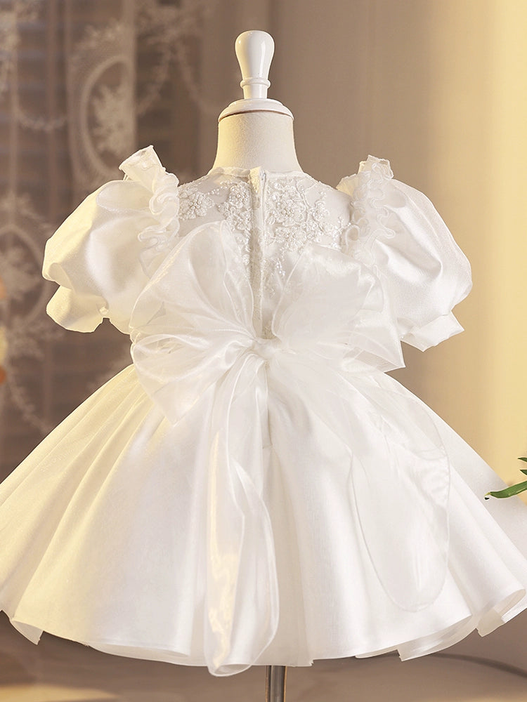 Princess White Satin Back Zip Baptism Lace Tea Length Short Sleeve Puff Sleeve Round Flower Girl Dress