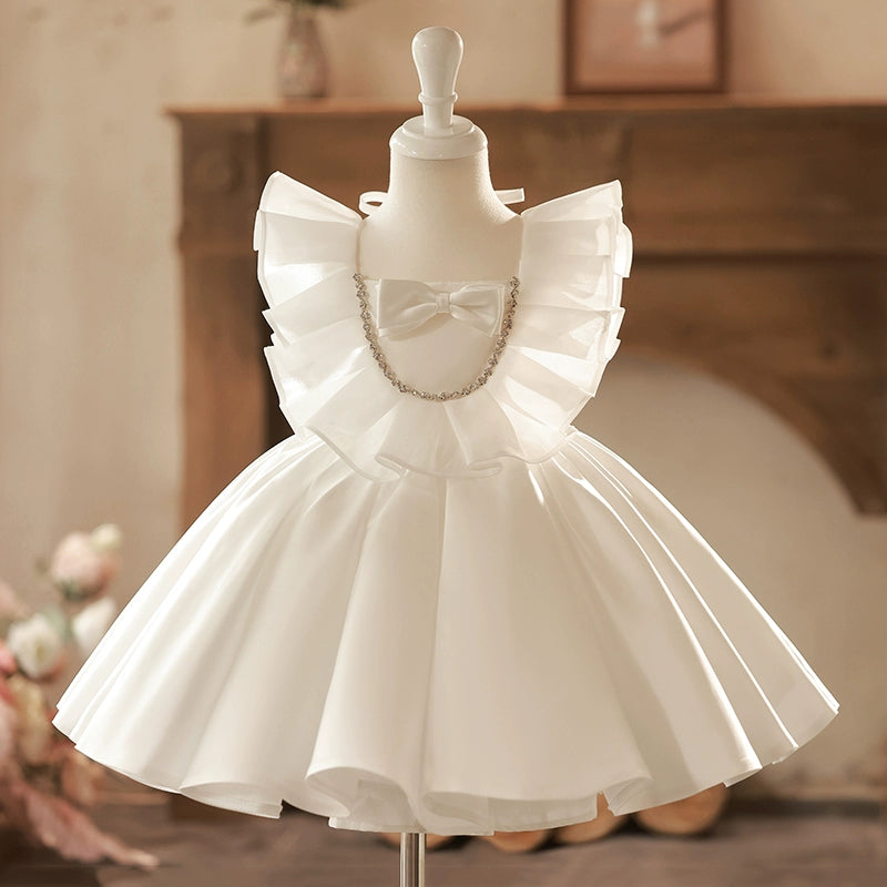 Princess White Satin Back Zip Baptism Ruffle Tea Length Sleeveless Cap Sleeve Square Flower Girl Dress