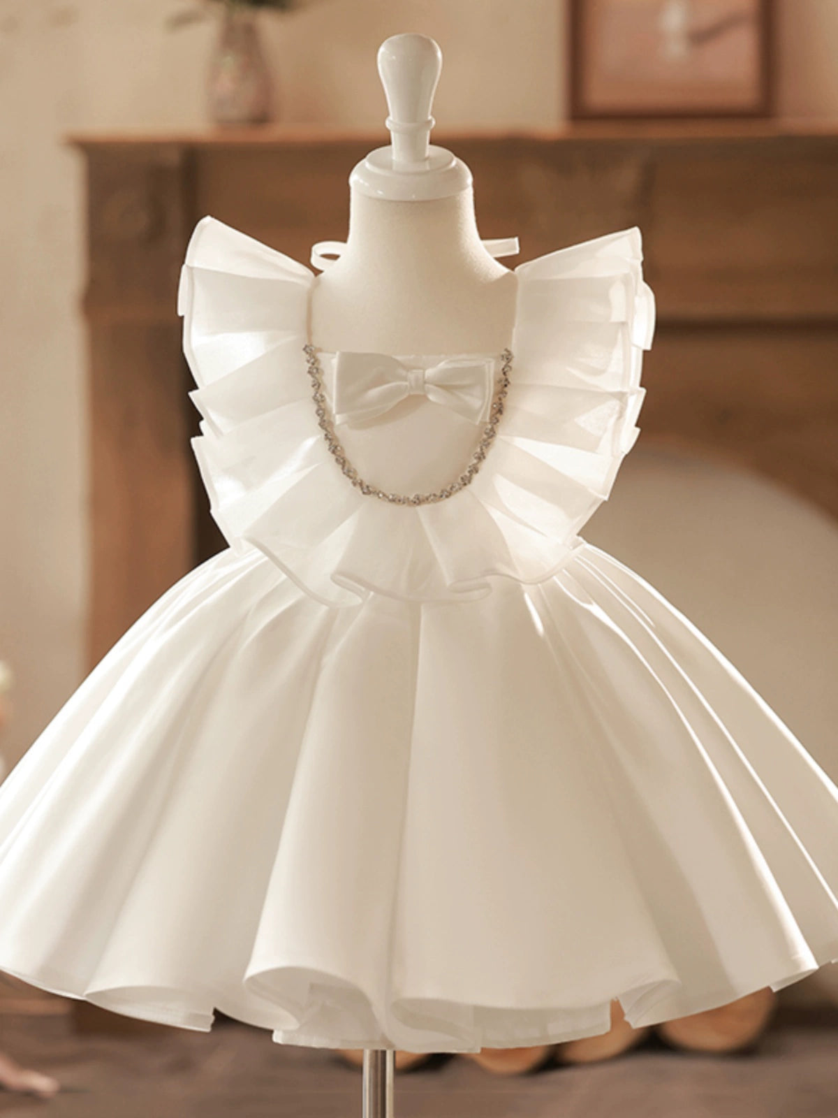 Princess White Satin Back Zip Baptism Ruffle Tea Length Sleeveless Cap Sleeve Square Flower Girl Dress