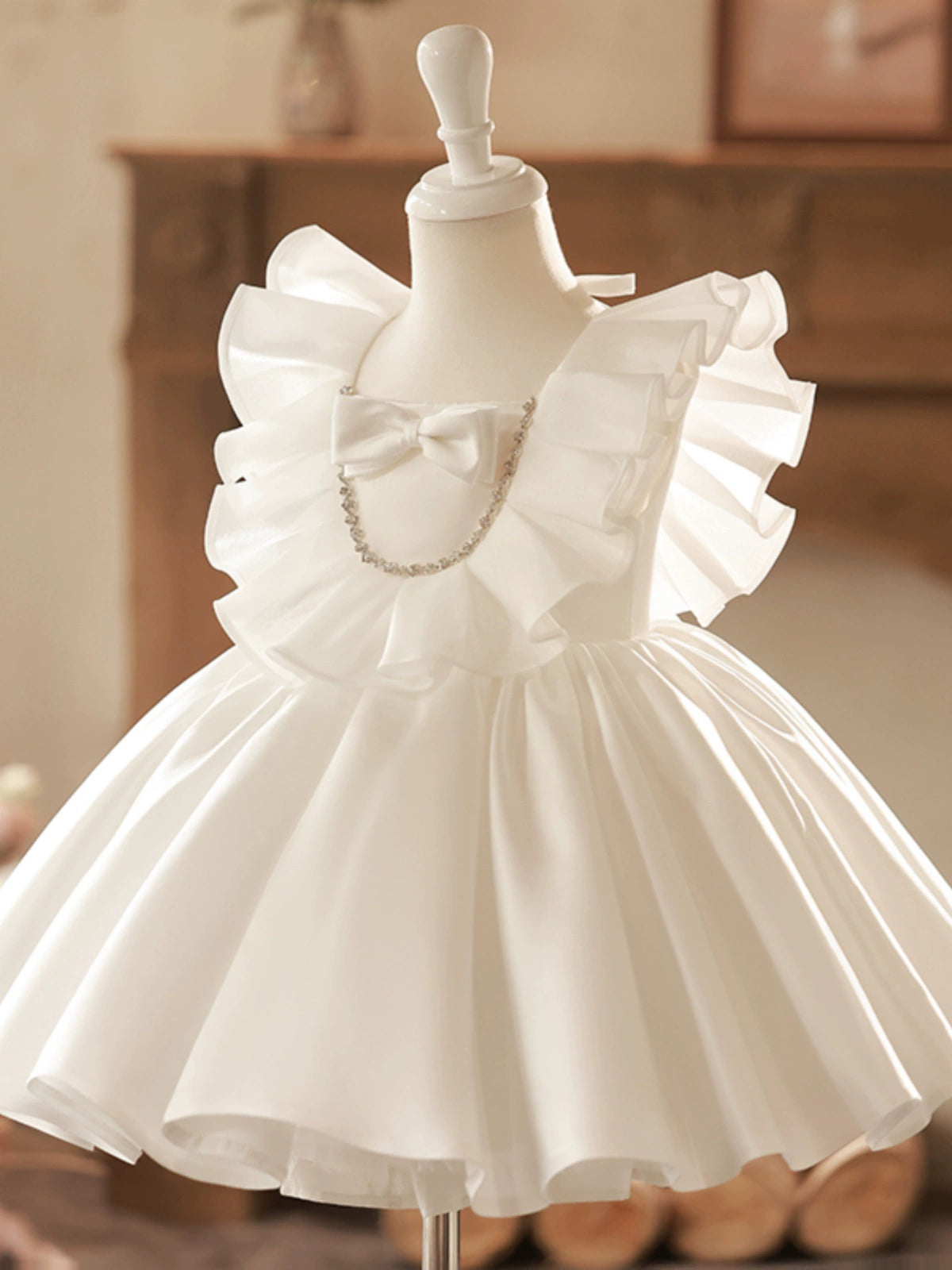 Princess White Satin Back Zip Baptism Ruffle Tea Length Sleeveless Cap Sleeve Square Flower Girl Dress