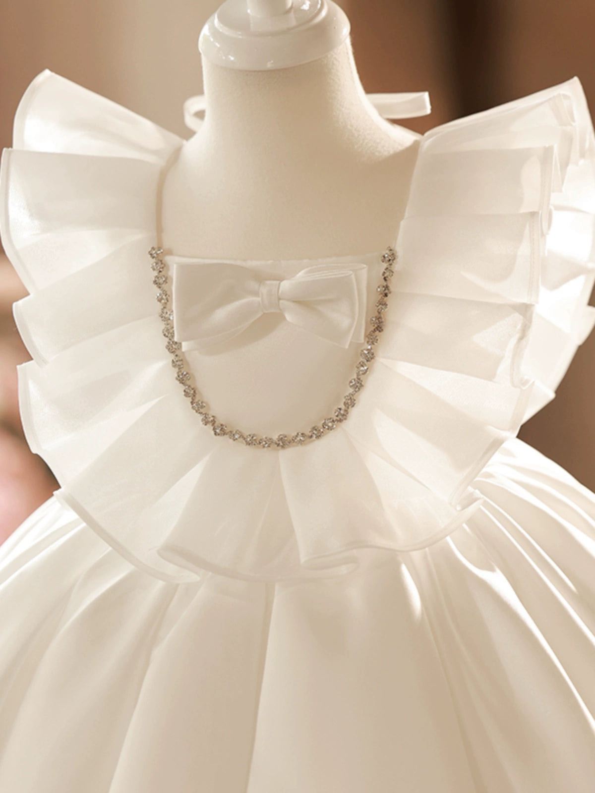 Princess White Satin Back Zip Baptism Ruffle Tea Length Sleeveless Cap Sleeve Square Flower Girl Dress