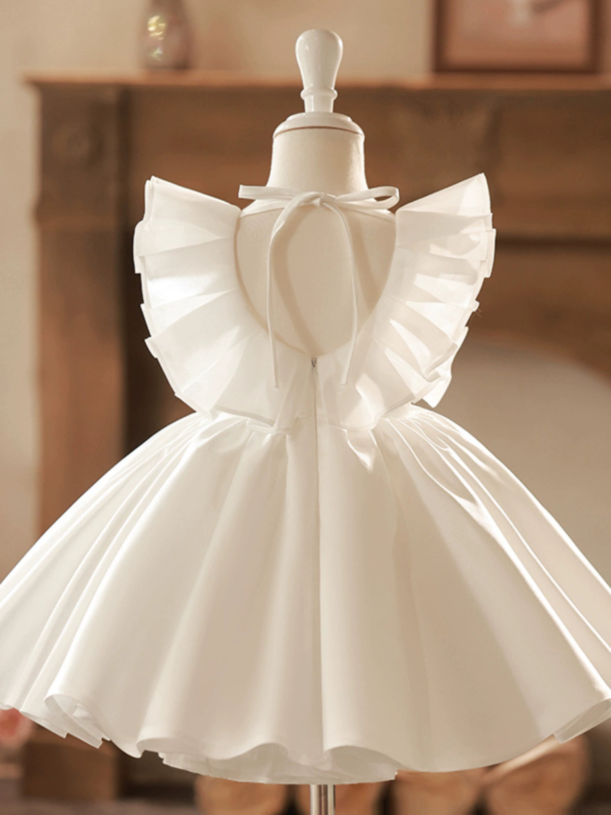 Princess White Satin Back Zip Baptism Ruffle Tea Length Sleeveless Cap Sleeve Square Flower Girl Dress