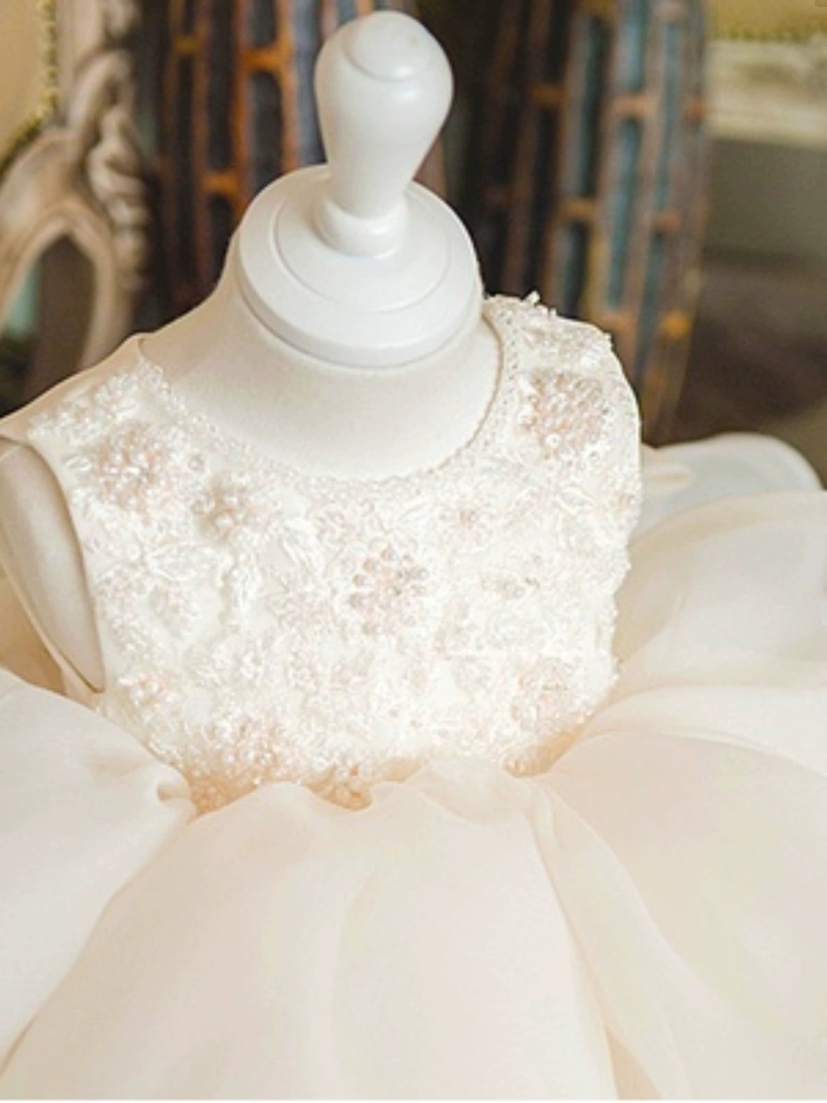 Princess White Sequined Back Zip Baptism Cascading Ruffles Tea Length Sleeveless Round Flower Girl Dress