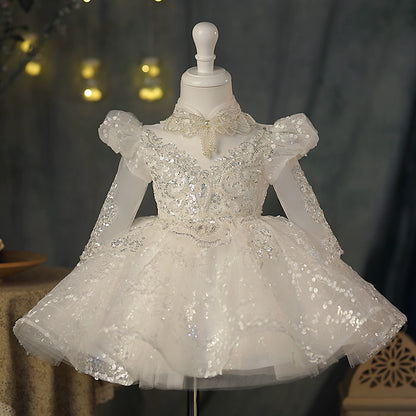 Princess White Sequined Back Zip Baptism Sequins Tea Length Long Sleeve Puff Sleeve Mock Neck Flower Girl Dress