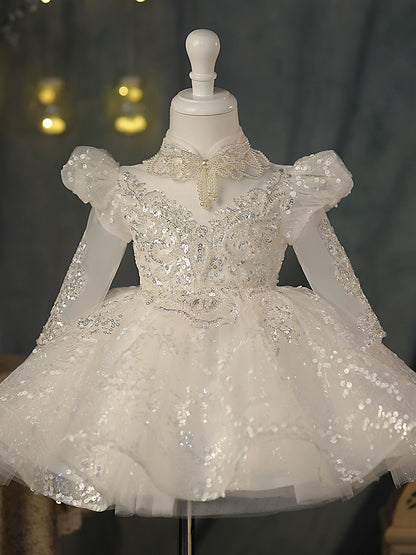 Princess White Sequined Back Zip Baptism Sequins Tea Length Long Sleeve Puff Sleeve Mock Neck Flower Girl Dress