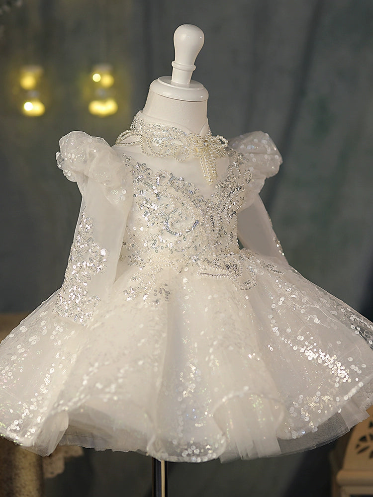 Princess White Sequined Back Zip Baptism Sequins Tea Length Long Sleeve Puff Sleeve Mock Neck Flower Girl Dress