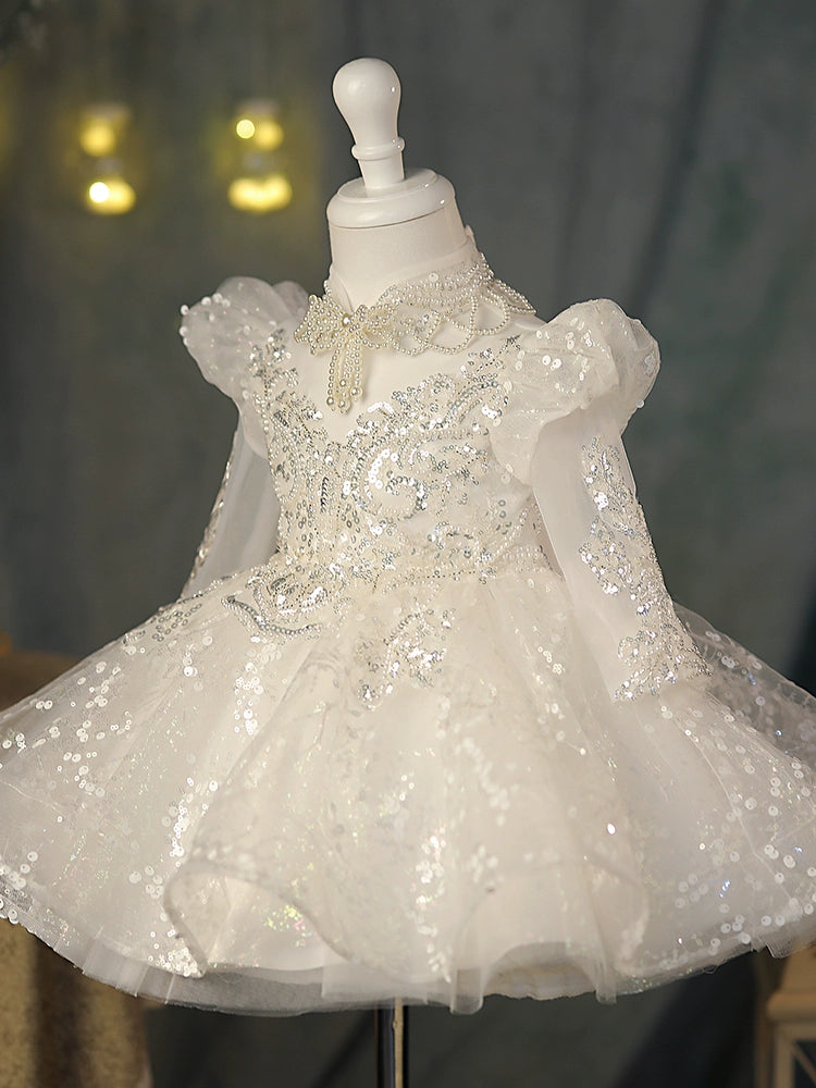 Princess White Sequined Back Zip Baptism Sequins Tea Length Long Sleeve Puff Sleeve Mock Neck Flower Girl Dress