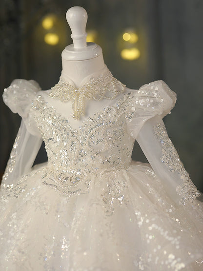 Princess White Sequined Back Zip Baptism Sequins Tea Length Long Sleeve Puff Sleeve Mock Neck Flower Girl Dress