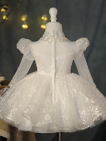 Princess White Sequined Back Zip Baptism Sequins Tea Length Long Sleeve Puff Sleeve Mock Neck Flower Girl Dress