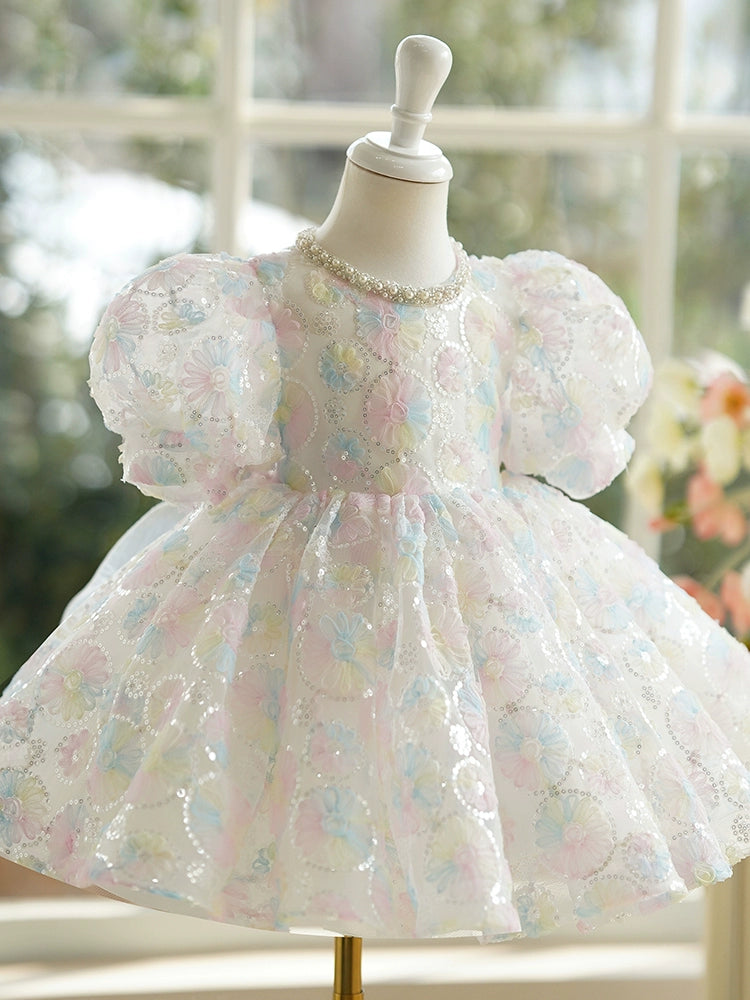 Princess White Sequined Back Zip Baptism Sequins Tea Length Short Sleeve Puff Sleeve Jewel Neck Flower Girl Dress