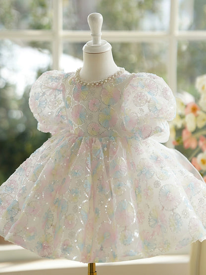 Princess White Sequined Back Zip Baptism Sequins Tea Length Short Sleeve Puff Sleeve Jewel Neck Flower Girl Dress