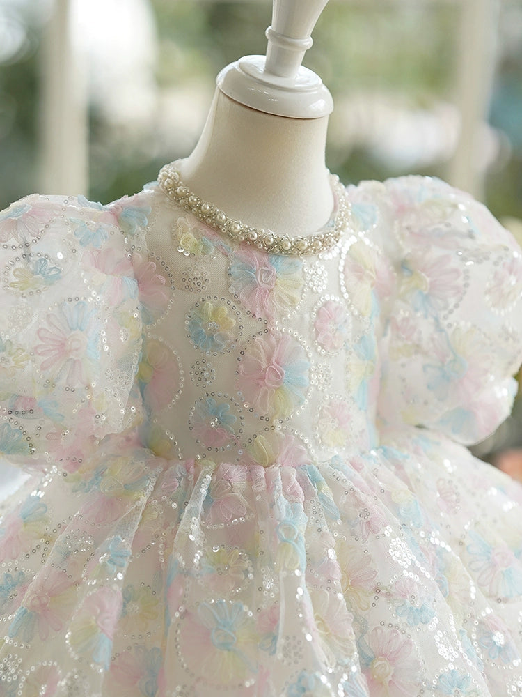 Princess White Sequined Back Zip Baptism Sequins Tea Length Short Sleeve Puff Sleeve Jewel Neck Flower Girl Dress