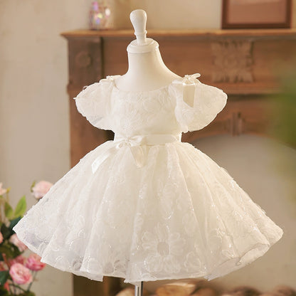 Princess White Tulle Back Zip Baptism Flower(s) Tea Length Short Sleeve Puff Sleeve Boat Neck Flower Girl Dress