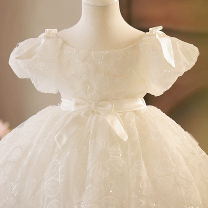 Princess White Tulle Back Zip Baptism Flower(s) Tea Length Short Sleeve Puff Sleeve Boat Neck Flower Girl Dress