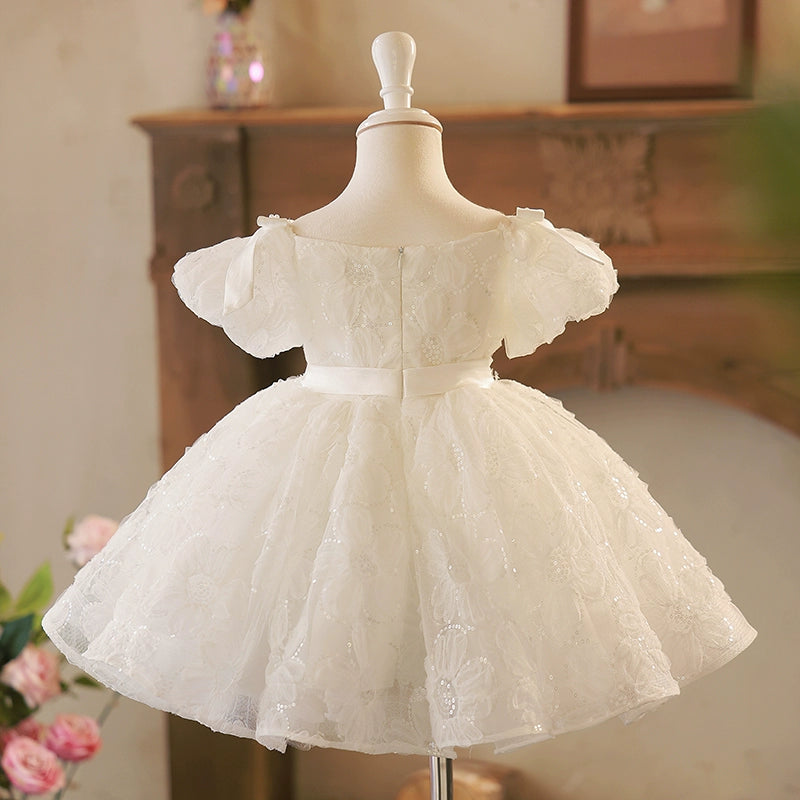 Princess White Tulle Back Zip Baptism Flower(s) Tea Length Short Sleeve Puff Sleeve Boat Neck Flower Girl Dress