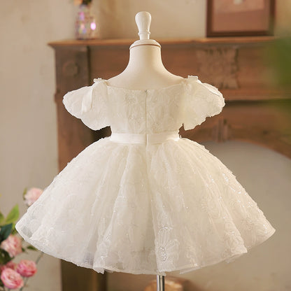 Princess White Tulle Back Zip Baptism Flower(s) Tea Length Short Sleeve Puff Sleeve Boat Neck Flower Girl Dress