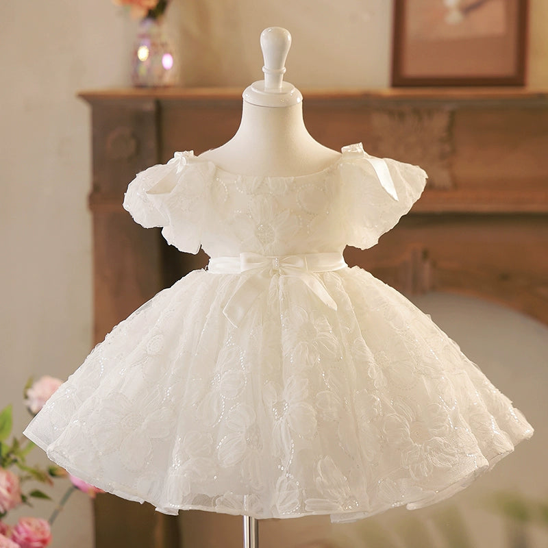 Princess White Tulle Back Zip Baptism Flower(s) Tea Length Short Sleeve Puff Sleeve Boat Neck Flower Girl Dress