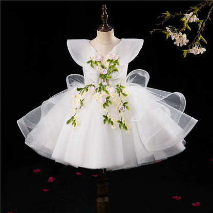 Princess White Tulle Back Zip Baptism Lace Tea Length Short Sleeve Cap Sleeve V-Neck Flower Girl Dress