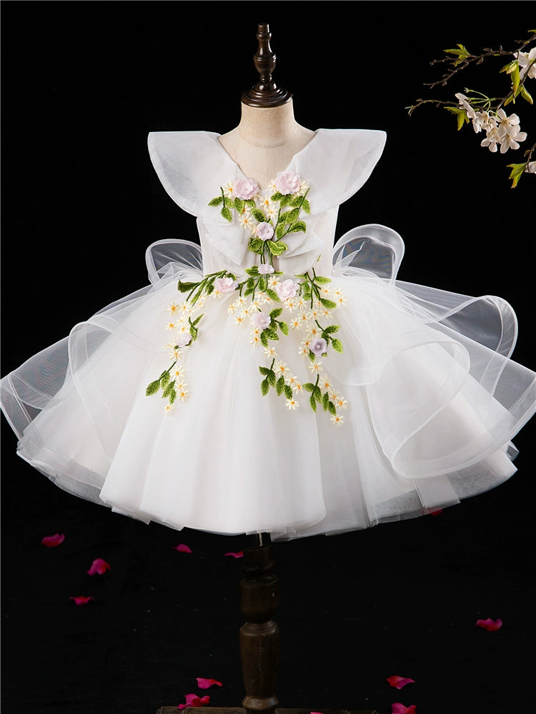 Princess White Tulle Back Zip Baptism Lace Tea Length Short Sleeve Cap Sleeve V-Neck Flower Girl Dress