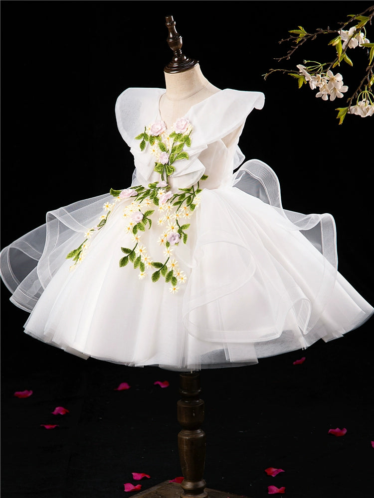 Princess White Tulle Back Zip Baptism Lace Tea Length Short Sleeve Cap Sleeve V-Neck Flower Girl Dress