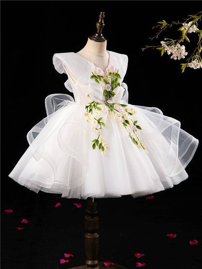 Princess White Tulle Back Zip Baptism Lace Tea Length Short Sleeve Cap Sleeve V-Neck Flower Girl Dress