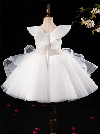 Princess White Tulle Back Zip Baptism Lace Tea Length Short Sleeve Cap Sleeve V-Neck Flower Girl Dress