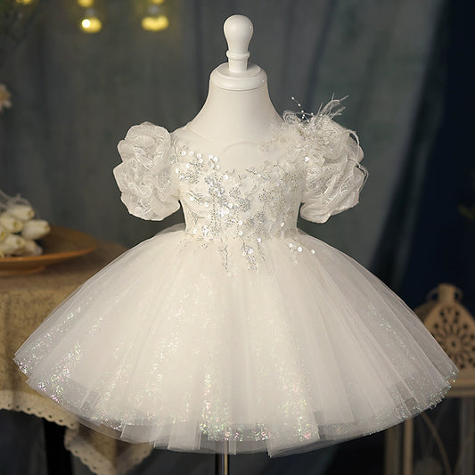 Princess White Tulle Back Zip Baptism Sequins Short Sleeve Puff Sleeve Round Flower Girl Dress