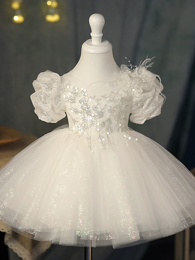 Princess White Tulle Back Zip Baptism Sequins Short Sleeve Puff Sleeve Round Flower Girl Dress