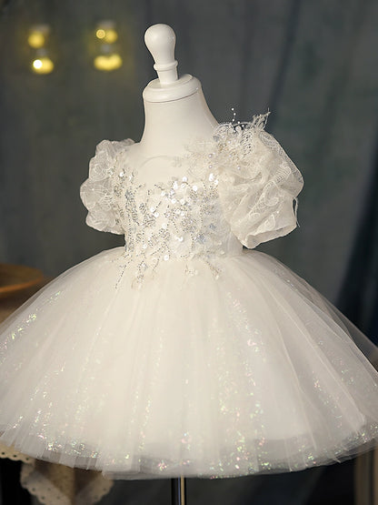 Princess White Tulle Back Zip Baptism Sequins Short Sleeve Puff Sleeve Round Flower Girl Dress