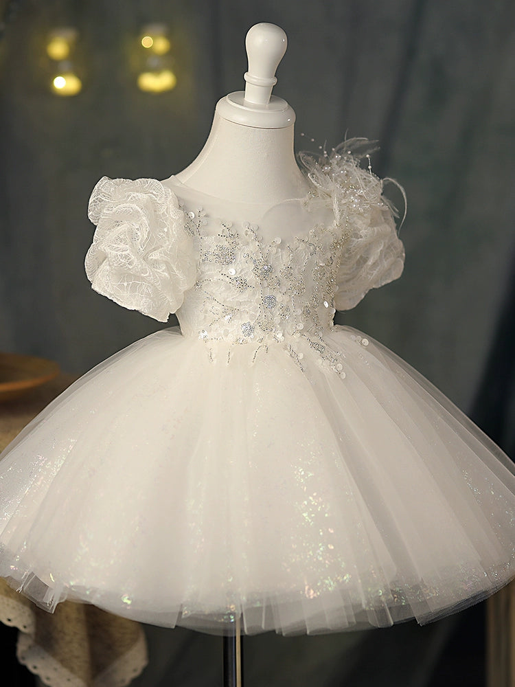 Princess White Tulle Back Zip Baptism Sequins Short Sleeve Puff Sleeve Round Flower Girl Dress