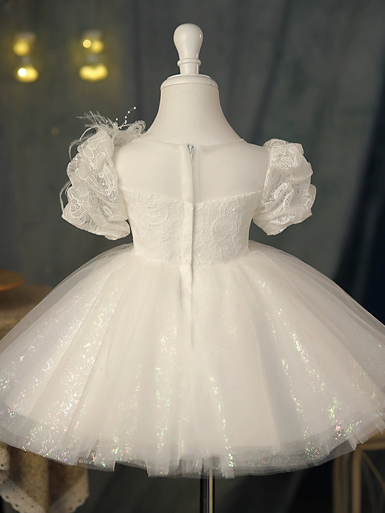 Princess White Tulle Back Zip Baptism Sequins Short Sleeve Puff Sleeve Round Flower Girl Dress