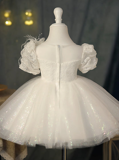 Princess White Tulle Back Zip Baptism Sequins Short Sleeve Puff Sleeve Round Flower Girl Dress