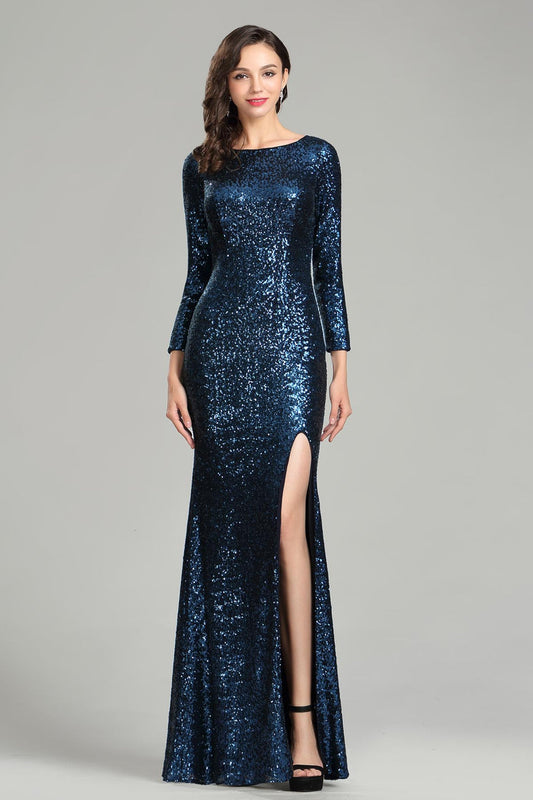 Sexy Slit Bateau Long Sleeves Full Length Sequined Promo Dresses