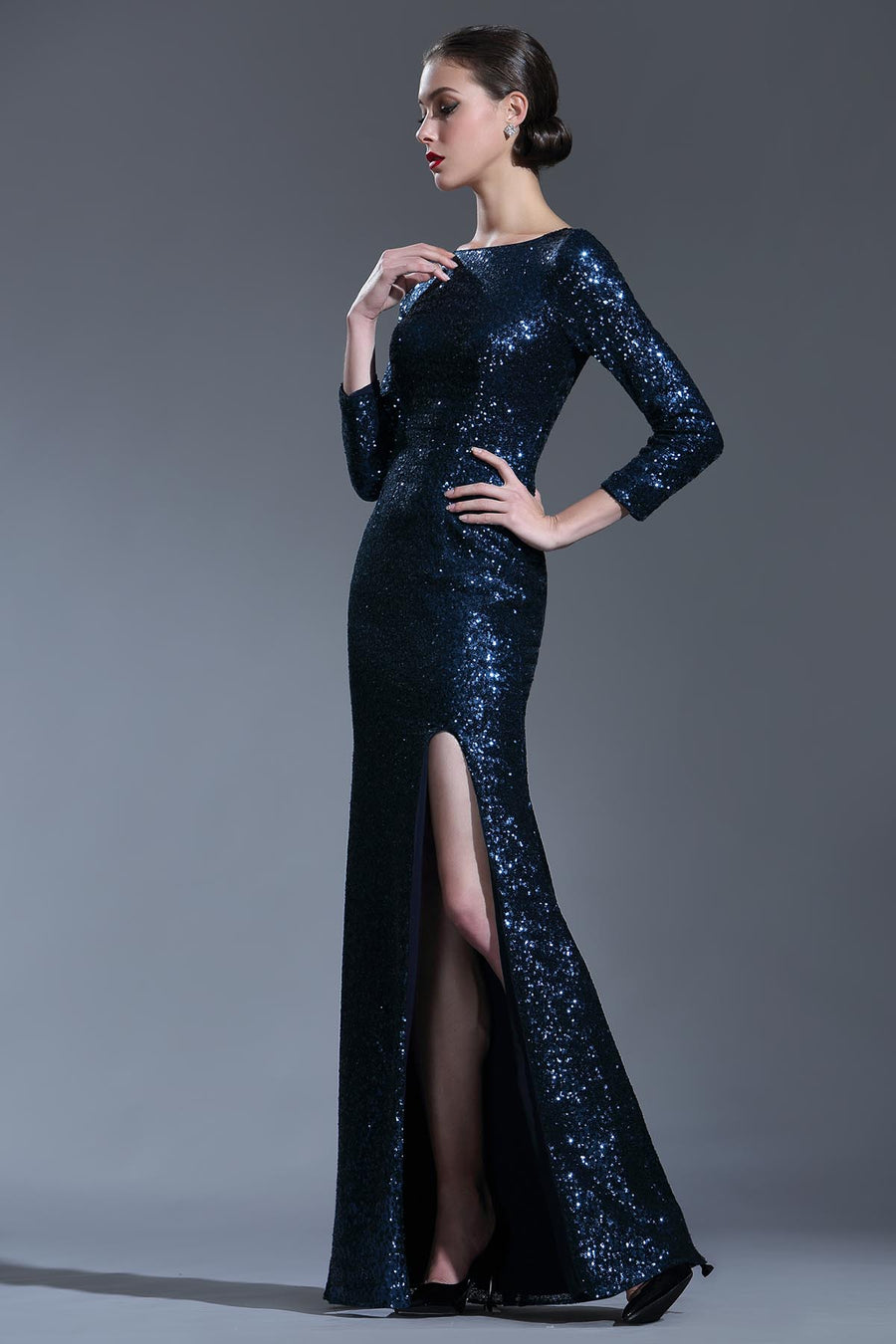 Sexy Slit Bateau Long Sleeves Full Length Sequined Promo Dresses
